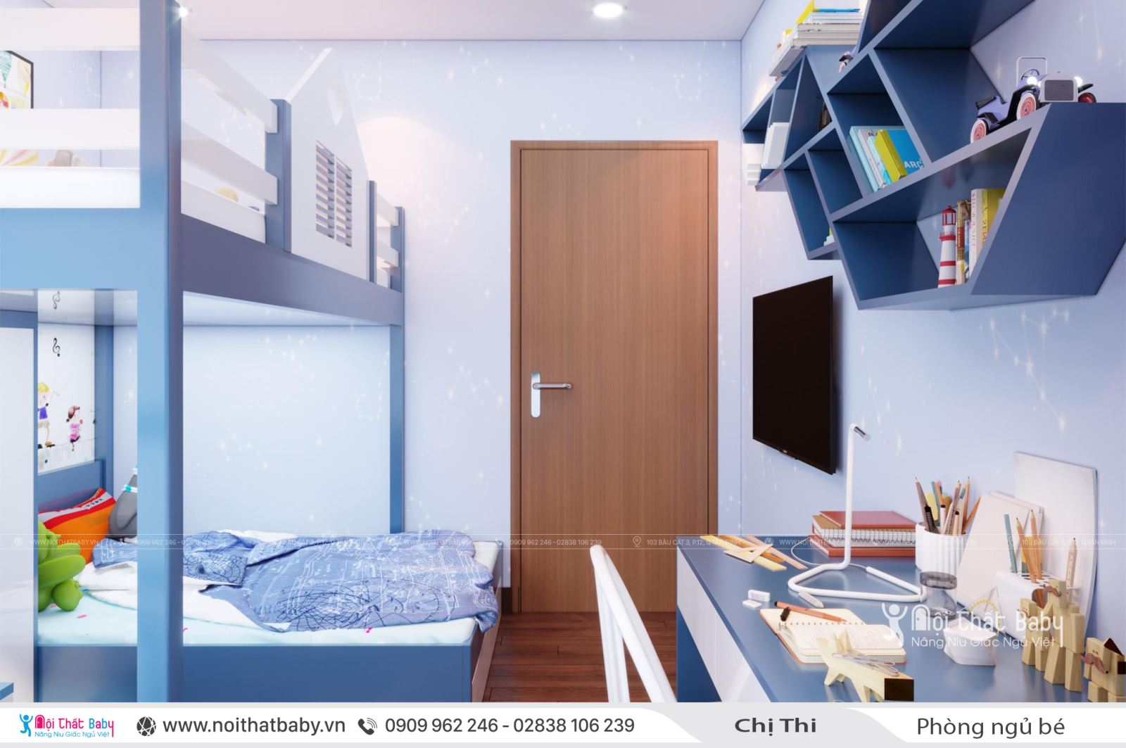 Giường tầng màu xanh cho bé trai tại căn Duplex 97m2 Emerald Celadon City